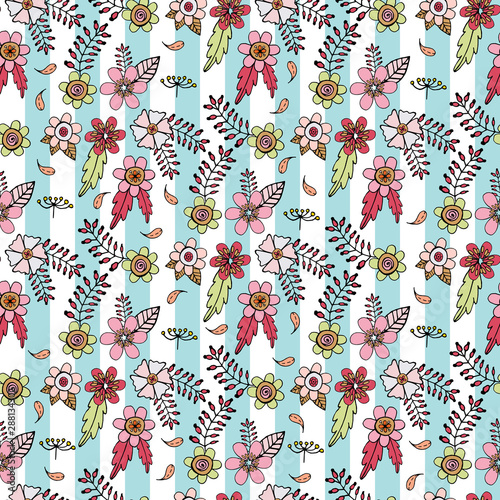 Seamless pattern with floral doodles on light blue and white striped background