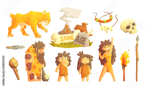 Primitive People and Stone Age Symbols Set, Prehistoric Family, Saber Toothed Tiger and Tools Vector Illustration