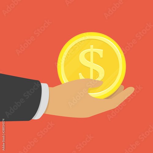 Hand with gold coin isolated on red background. Golden Dollar Coin in businessman hands. Charity, donate, giving or take money concept. Vector illustration in flat style. EPS 10. © art_sonik