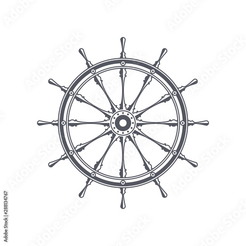 Ship steering wheel. Vintage nautical badge. Old rudder isolated on white background. Helm icon. Vector illustration EPS 10.