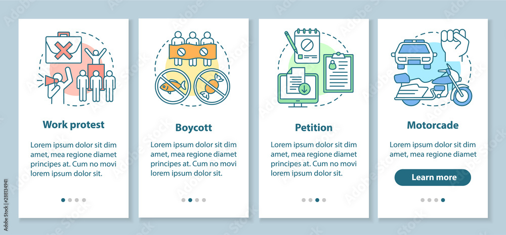 Social protest onboarding mobile app page screen with linear concepts. Public demonstration and boycott walkthrough steps graphic instructions. UX, UI, GUI vector template with illustrations