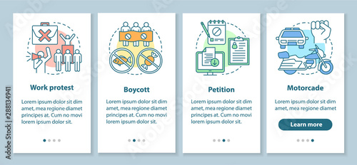Social protest onboarding mobile app page screen with linear concepts. Public demonstration and boycott walkthrough steps graphic instructions. UX, UI, GUI vector template with illustrations