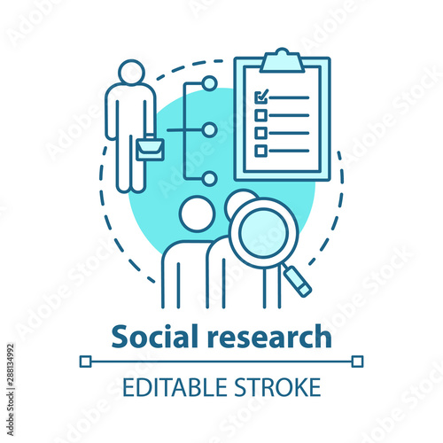 Social research concept icon. Sociology idea thin line illustration. Sociological quantitative analysis. Social poll, survey. Candidate sourcing. Vector isolated outline drawing. Editable stroke