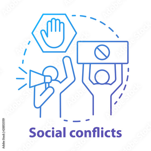 Social conflicts and disputes concept icon. Antisocial behaviour, violence and unrest idea thin line illustration. Riot, strike, civil protest. Vector isolated outline drawing