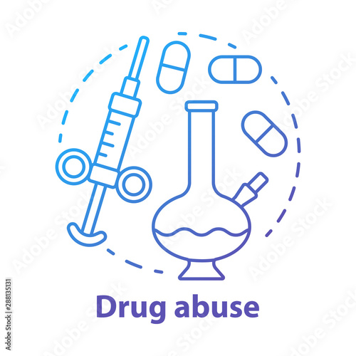 Drug abuse concept icon. Narcotic, opioid addiction idea thin line illustration. Bong, syringe and pills. Cocaine, heroin and marijuana. Substance abuse. Vector isolated drawing