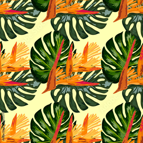 Seamless pattern of Heliconia flowers or lobster-claws and tropical leaf background
