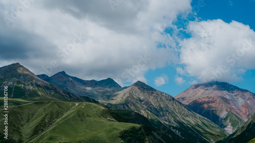 View of Kazbegi, Georgia. Beautiful natural mountain background. Summer