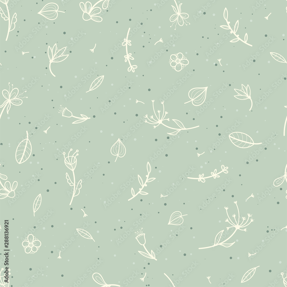 Vintage flowers teal seamless pattern. Beautiful hand drawn retro background. Elegant fabric on light background Vector surface pattern design
