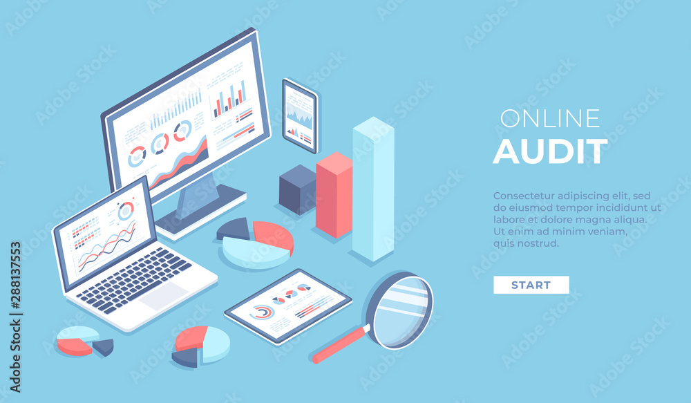 Online audit, research, report, analytics, analysis concept. Web and mobile service. Charts graphs on screens of laptop, monitor, phone, tablet with magnifying glass. Isometric 3d vector background Online audit, research, report, analytics, analysis concept. Web and mobile service. Charts graphs on screens of laptop, monitor, phone, tablet with magnifying glass. Isometric 3d vector background