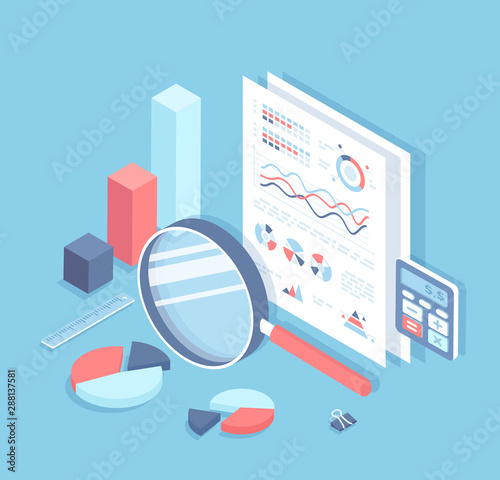 Business auditing, analysis, accounting, calculation, analytics. Documents with charts and graphs for review. Documentation, magnifying glass, calculator. Financial report. Isometric 3d