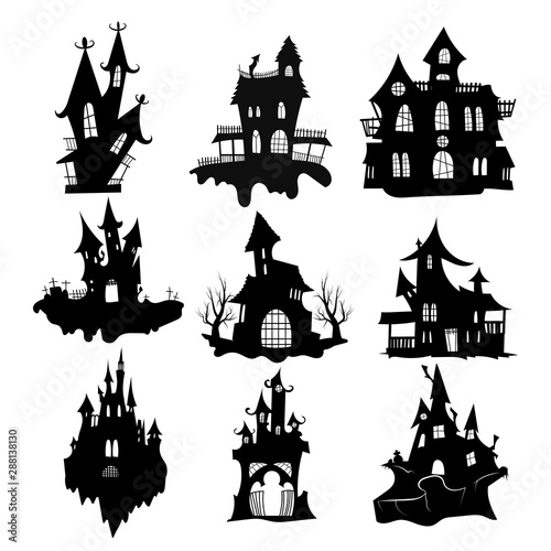 Set of haunted houses for Halloween. Collection of castles with monsters. Black house sieves. Vector illustration for kids. Tattoo.