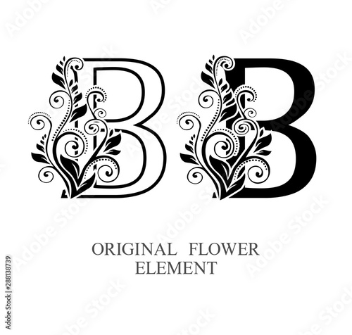 Elegant initial letters B in two color variations with botanical element. Vector letters logo design template set. Alphabet label sign for company branding and identity.Unique concept type as logotype