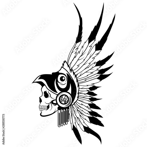 Indian skull with headdress of feathers. The leader of a tribe of Indians. Totem. Line art. Black and white drawing by hand. Tattoo.