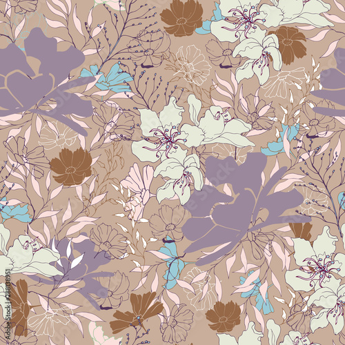 Floral vintage texture for fabric. Ornament of flowers and leaves on a brown background. Elegant natural ornament. Vintage texture for decoration of fabric, tile and paper and wallpaper on the wall.