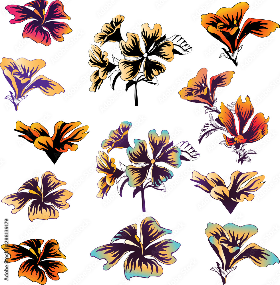 Set of vector flowers. Collection of ink drawn flowers on a white background.