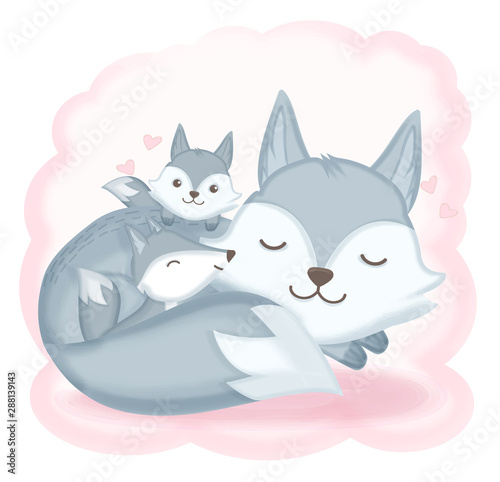 Cute fox family asleep hand drawn cartoon illustration background