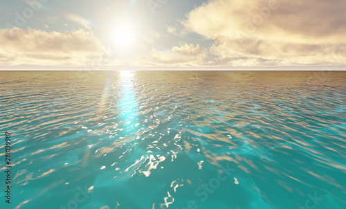 Beautiful tranquil natural vacation seascape with scenic ocean waves in tropical environment, deep clear transparent pure blue water background. A summer travel in paradise, peaceful 3D illustration