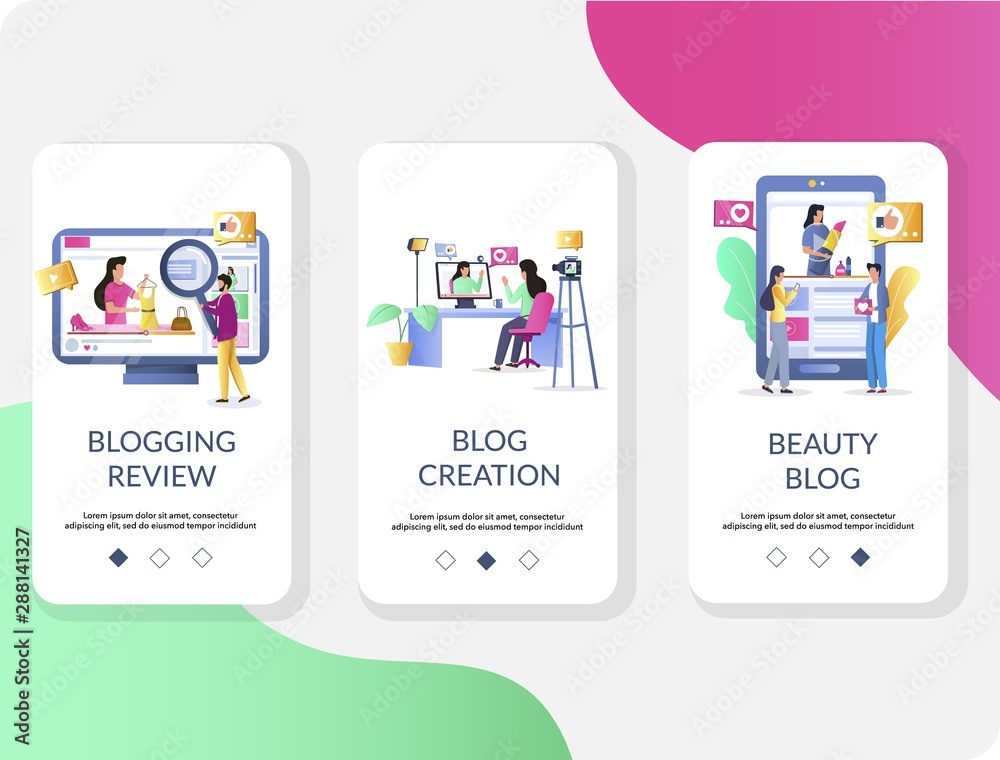 Blogging mobile app onboarding screens vector template Blogging mobile app onboarding screens vector template