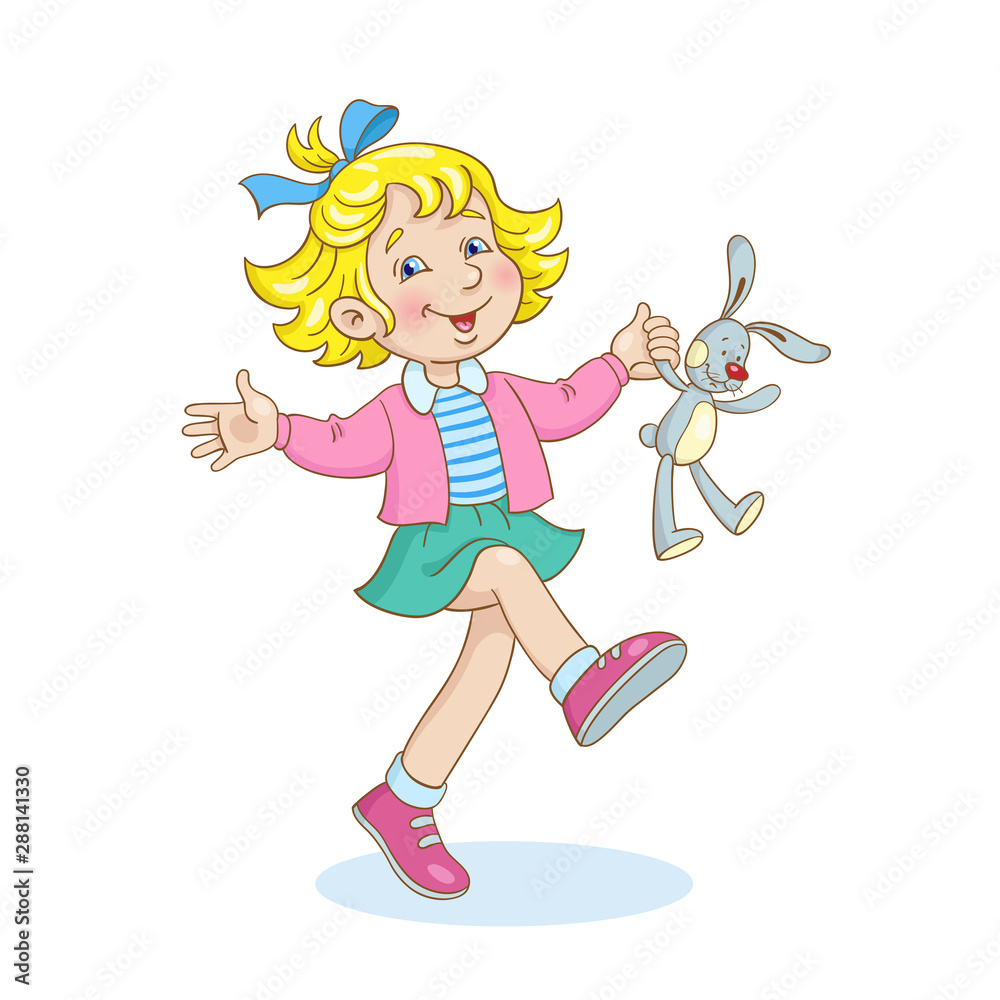 Funny little girl is dancing with a plush rabbit in her hand. In cartoon style. Isolated on white background. Funny little girl is dancing with a plush rabbit in her hand. In cartoon style. Isolated on white background.