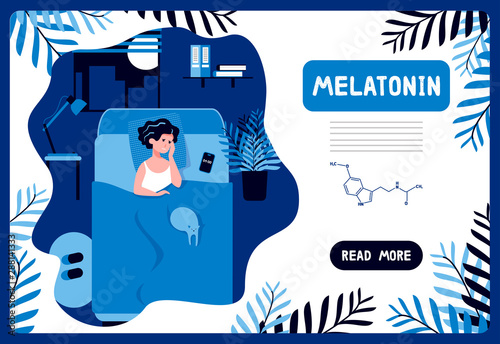 Tired woman trying to fall asleep. Stress, depression, headache, nightmares. Biological rhythms disturbance. Sleeplessness concept. Flat vector illustration. Melatonin landing page template. 