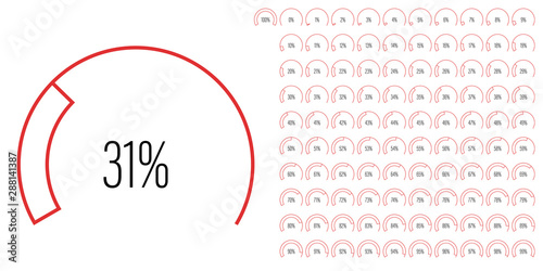 Set of circular sector percentage diagrams meters from 0 to 100 ready-to-use for web design, user interface UI or infographic - indicator with red