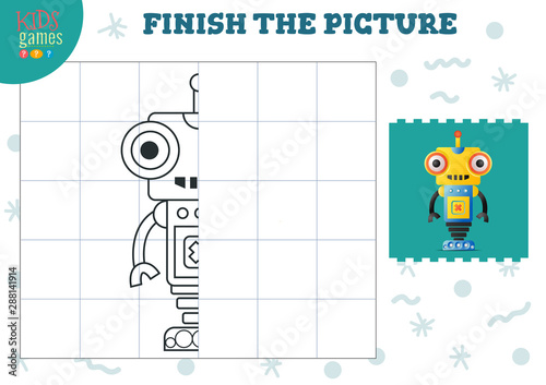Complete the picture vector illustration. Finish and coloring game for preschool and school kids
