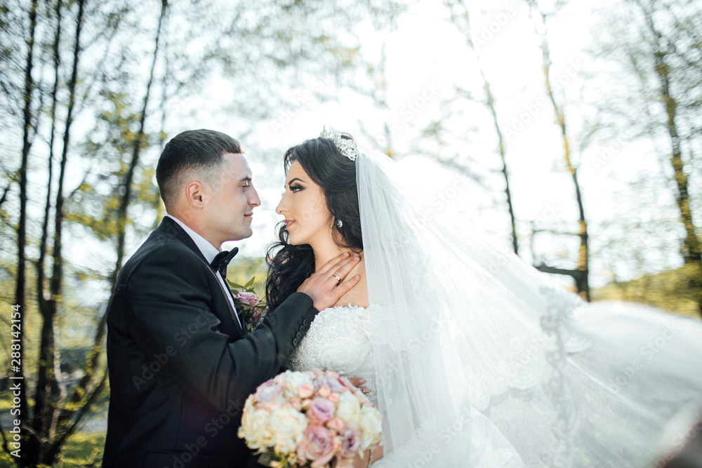Wedding couple newlywed bride and groom in love at wedding day outdoors. Happy bride and groom on their wedding day. Happy loving couple at bridal day embracing. newlywed with bouquet flowers. Wedding couple newlywed bride and groom in love at wedding day outdoors. Happy bride and groom on their wedding day. Happy loving couple at bridal day embracing. newlywed with bouquet flowers.