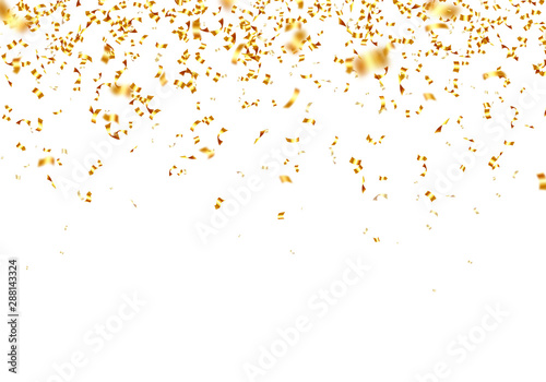 Gold shining confetti flying on white background. Glamour and luxury event decoration. Glossy festive serpentine particles isolated vector illustration. Happy Birthday celebration backdrop.