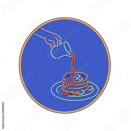 Retro style illustration showing a 1990s neon sign light signage lighting of hand pouring maple syrup on stack of pancake, hot cake, hotcake or flat cake inside oval on isolated background.