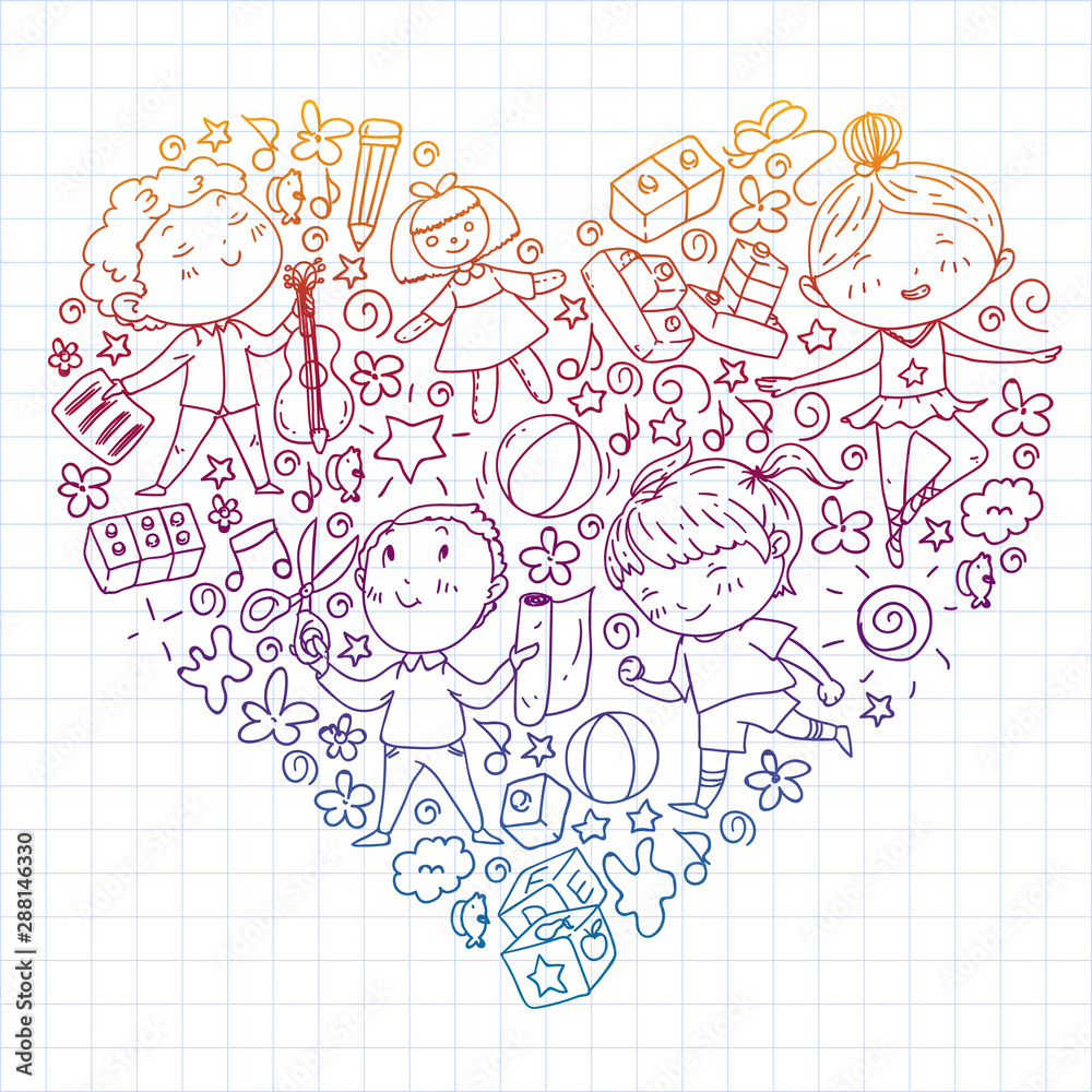 Painted by hand style pattern on the theme of childhood. Vector illustration for children design. Drawing on squared notebook in gradient style.