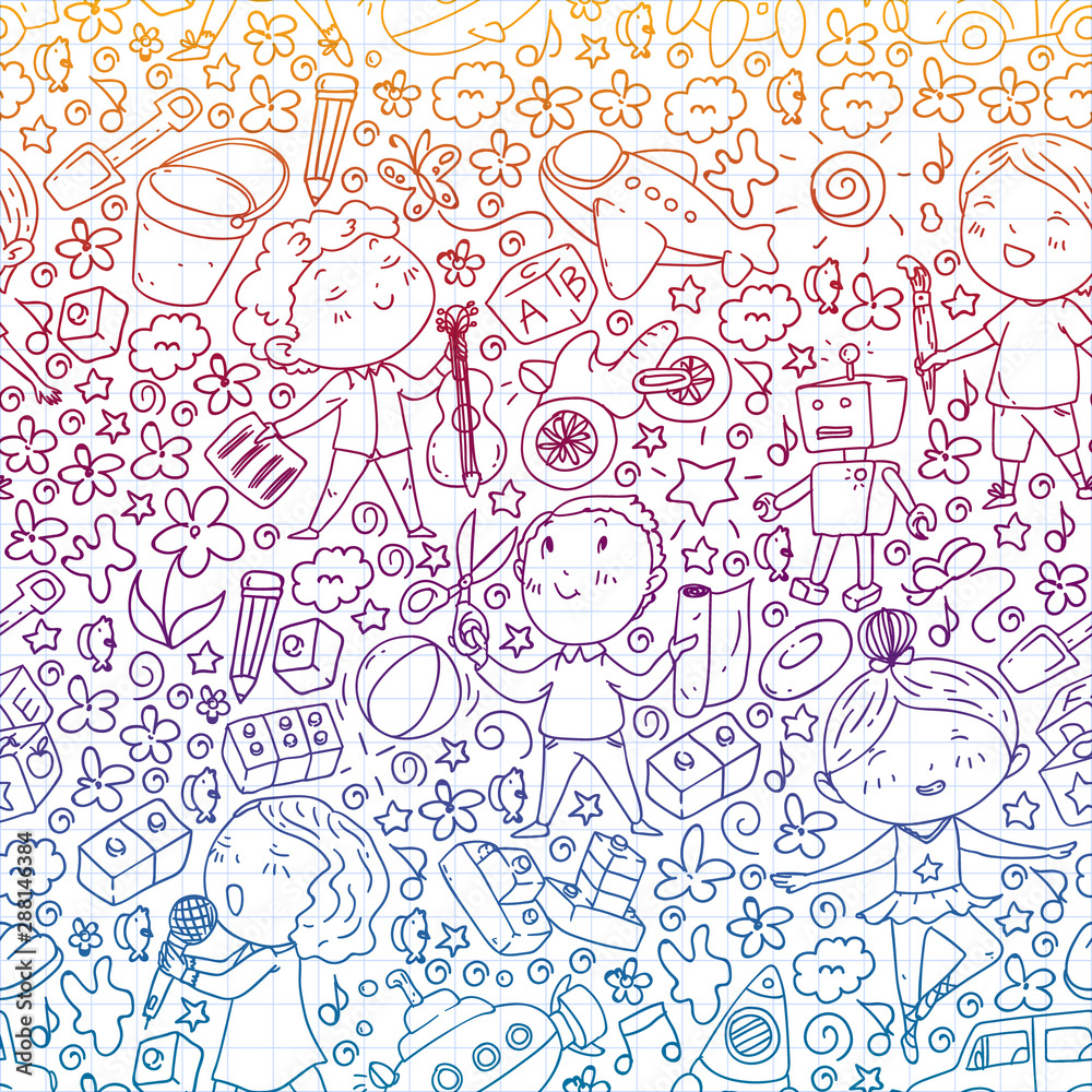 Painted by hand style pattern on the theme of childhood. Vector illustration for children design. Drawing on squared notebook in gradient style.