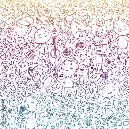 Painted by hand style pattern on the theme of childhood. Vector illustration for children design. Drawing on squared notebook in gradient style.
