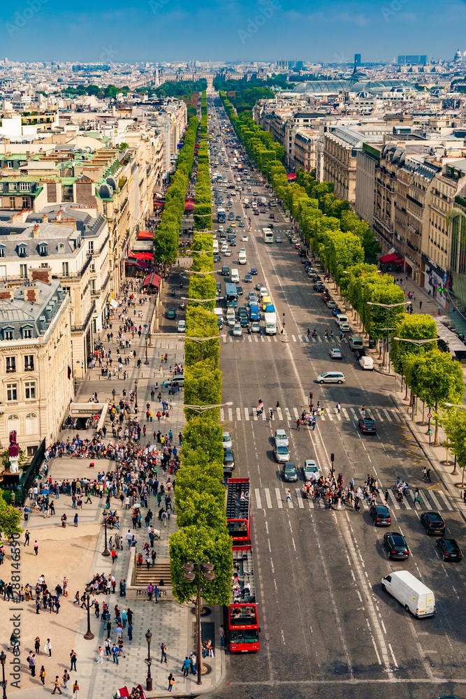 Great aerial portrait view of the famous Avenue des Champs-Élysées