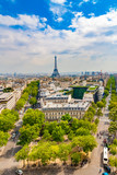 Lovely aerial portrait view of the Paris cityscape on a nice sunny day with the famous and iconic Eiffel Tower in the centre, the Avenue d'Iéna on the left and the Avenue Kléber on the right.