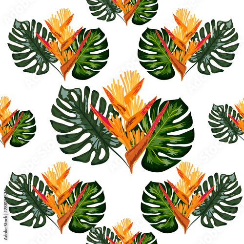 Summer jungle pattern with tropical flowers heliconia or lobster-claw background.