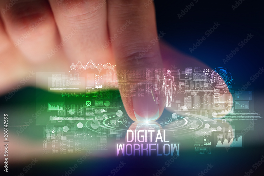 Finger touching tablet with web technology icons and DIGITAL WORKFLOW inscription Finger touching tablet with web technology icons and DIGITAL WORKFLOW inscription