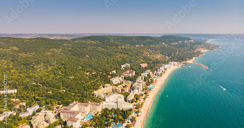 Panoramic view on Varna beach on Black sea in Bulgaria. 2019