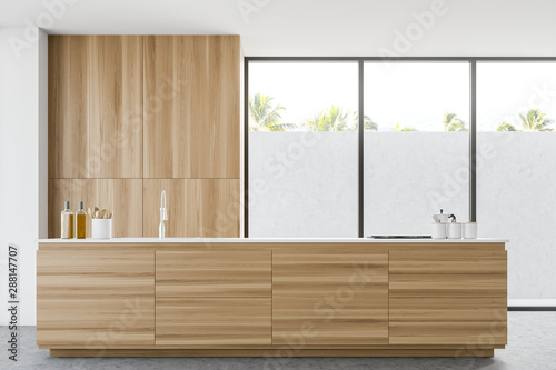 Panoramic white kitchen interior with countertop