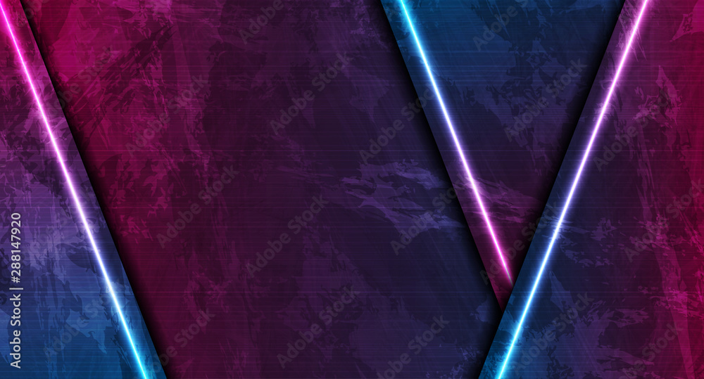 Bright blue and purple neon laser lines. Abstract grunge tech graphic ...