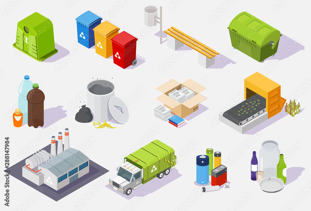 Waste sorting and recycling process isometric icon set, vector isolated illustration Waste sorting and recycling process isometric icon set, vector isolated illustration