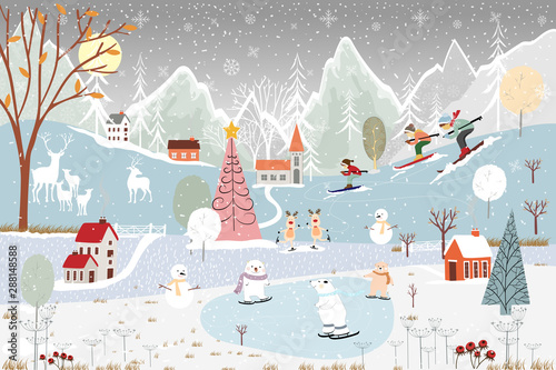 Illustrator winter landscape,Vector of horizontal banner of winter wonderland at countryside with snow covering, polar bear playing ice skates in the winter park and family skiing on the mountain