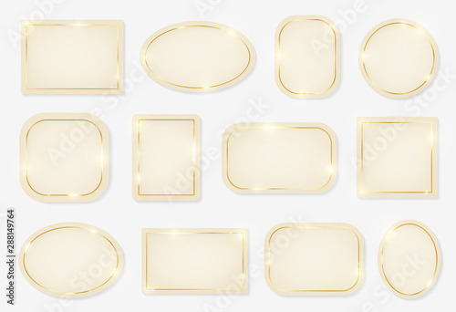 Gold shiny glowing vintage frames pack on beige plate isolated on white background. Golden luxury realistic border set. Wedding, mothers or Valentines day concept. Xmas and New Year abstract. Vector