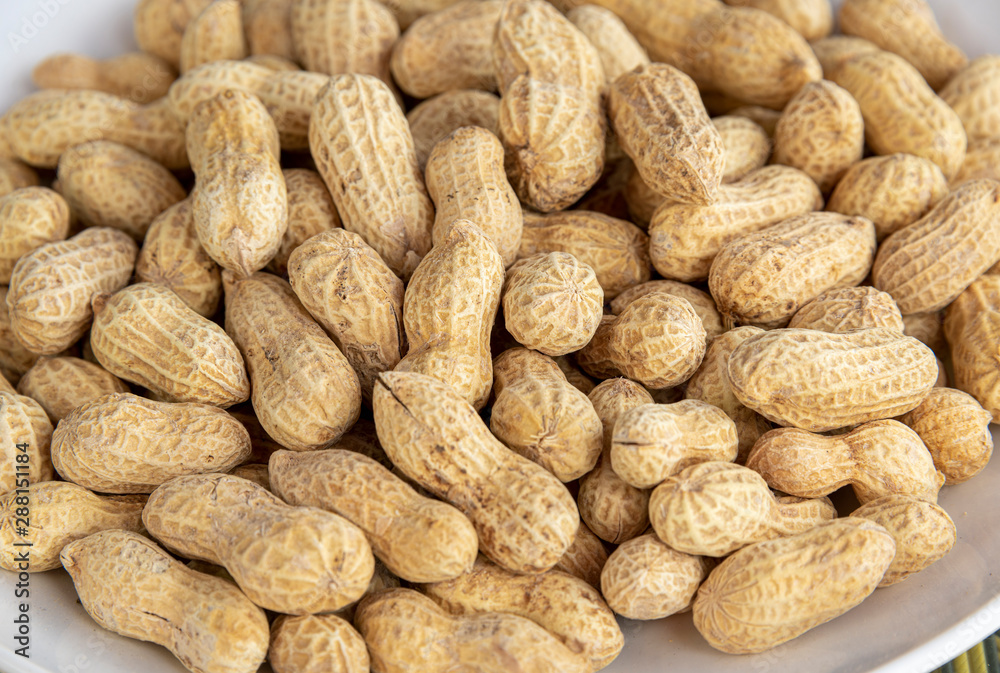 A plate of fried peanuts in a white porcelain plate A plate of fried peanuts in a white porcelain plate