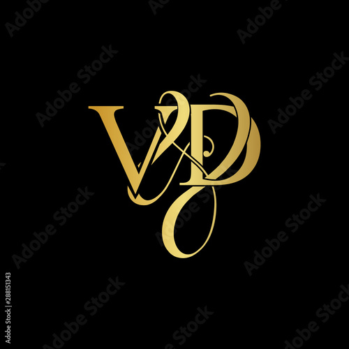 Initial letter V & D VD luxury art vector mark logo, gold color on black background.