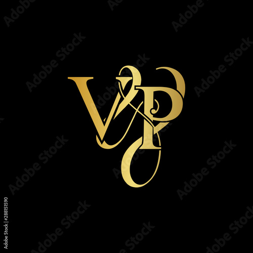 Initial letter V & P VP luxury art vector mark logo, gold color on black background. photo