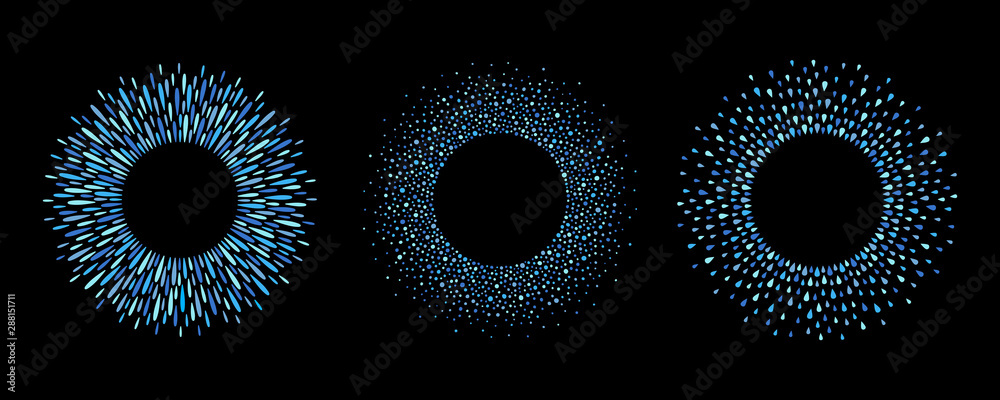 Round frames set, collection. Ring shape, circle made of long drops, droplets, uneven dots, paint splashes, specks, tiny spots, water blobs. Radial templates for borders, backgrounds, design elements.