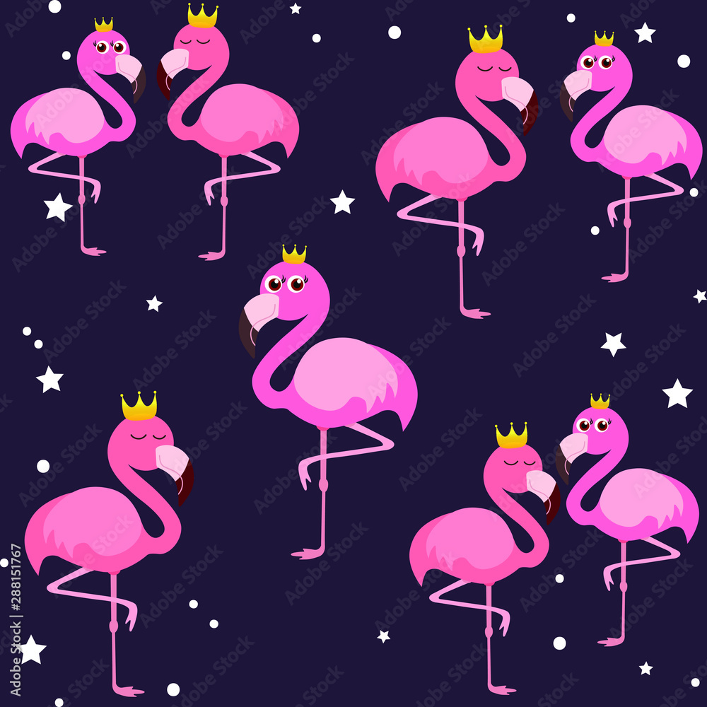 Obraz premium Cute flamingo, golden crown, vector illustration
