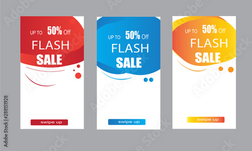 Set of flash sale banners with dynamic modern liquid mobile concept. special offer and sale banner discount up to 50% template design vector.