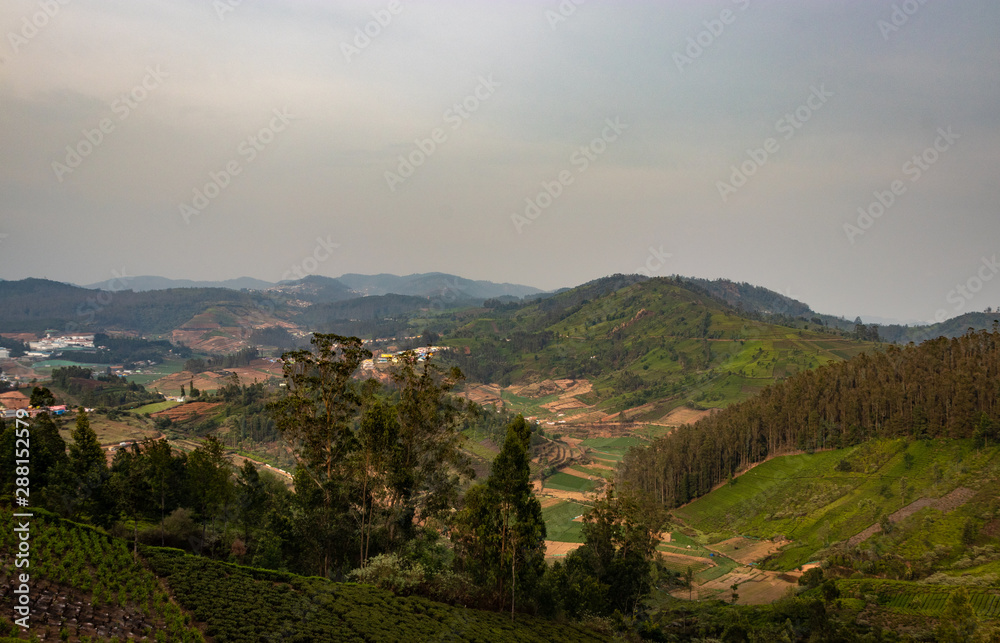 Hill side village view with blue sky