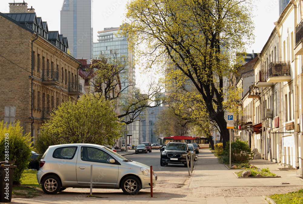 Street view of European city center with parked cars and greenery